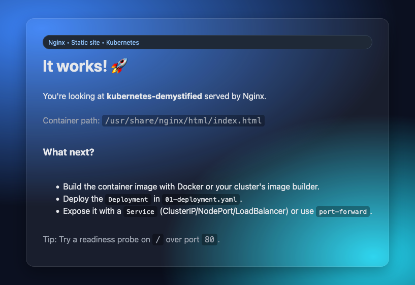 The demo app, static HTML file in an Nginx Pod